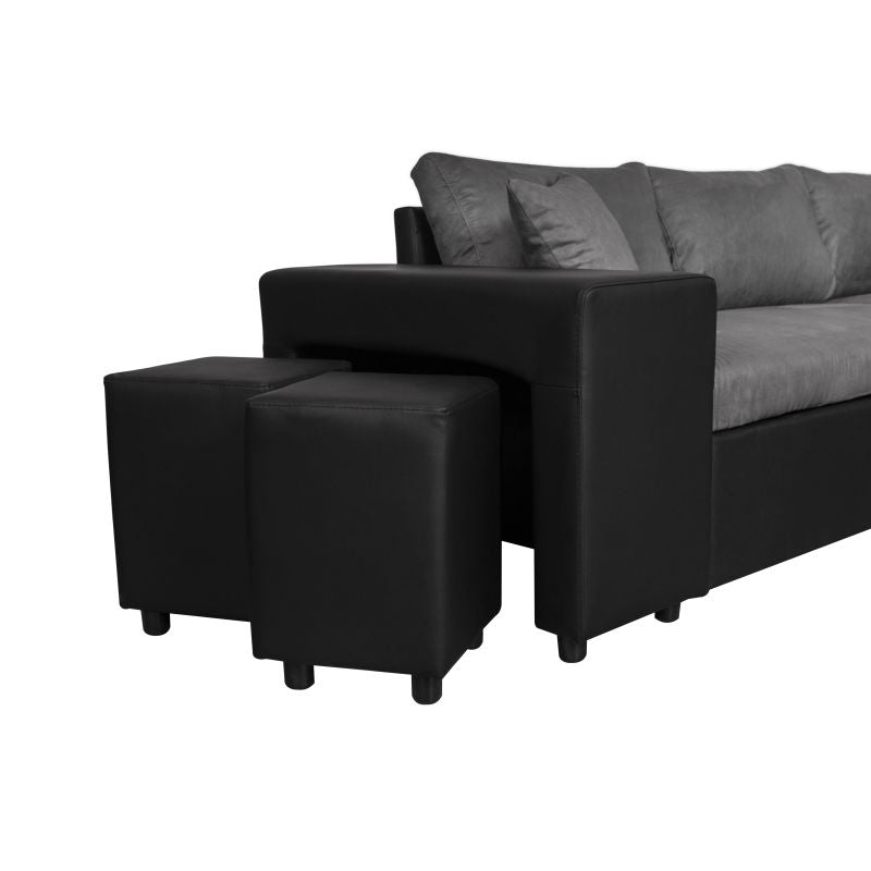 LUMIRA PLUS - Canapé d'angle réversible convertible avec coffre et 2 poufs en microfibre et simili - Gris/noir - Angle droit (vue de face)