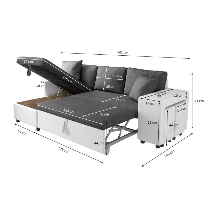 LUMIRA PLUS - Canapé d'angle réversible convertible avec coffre et 2 poufs en microfibre et simili - Gris/blanc - Niche à gauche