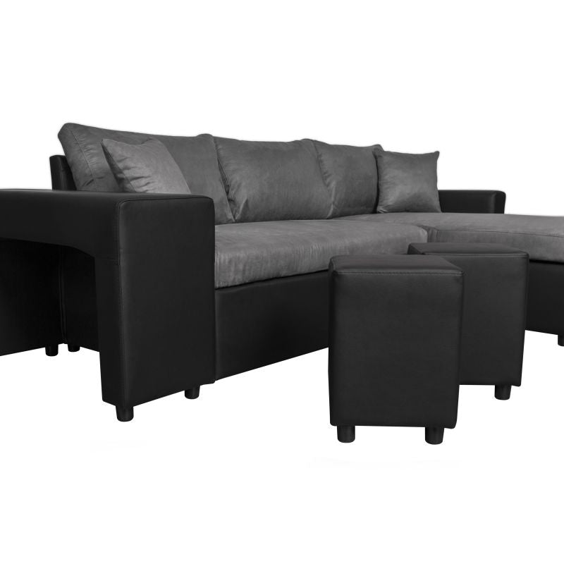 LUMIRA PLUS - Canapé d'angle réversible convertible avec coffre et 2 poufs en microfibre et simili - Gris/noir - Angle droit (vue de face)