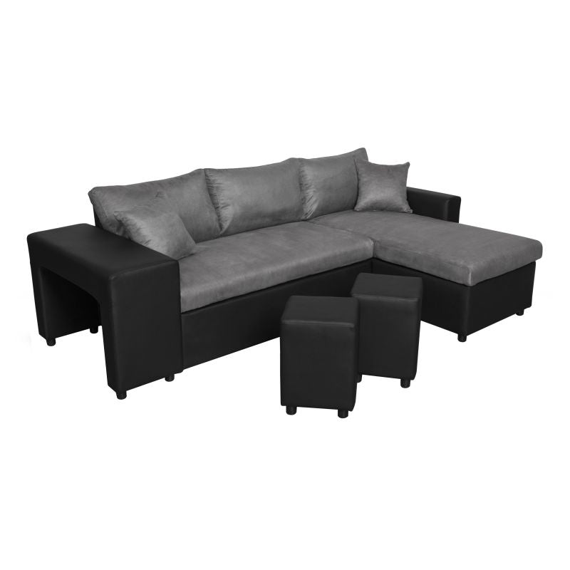 LUMIRA PLUS - Canapé d'angle réversible convertible avec coffre et 2 poufs en microfibre et simili - Gris/noir - Angle droit (vue de face)