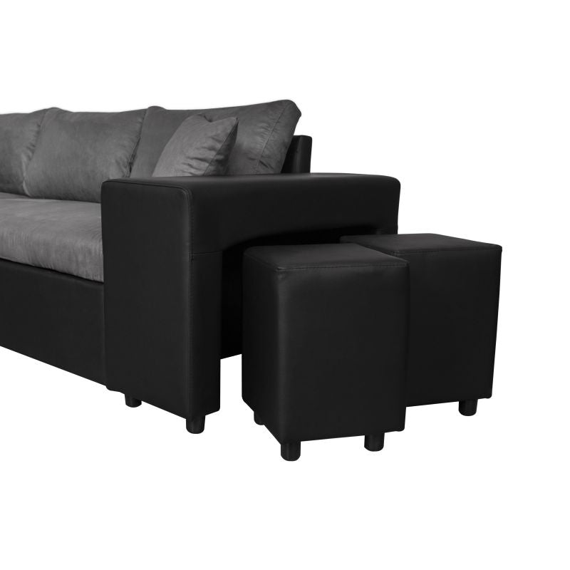 LUMIRA PLUS - Canapé d'angle réversible convertible avec coffre et 2 poufs en microfibre et simili - Gris/noir - Angle gauche (vue de face)