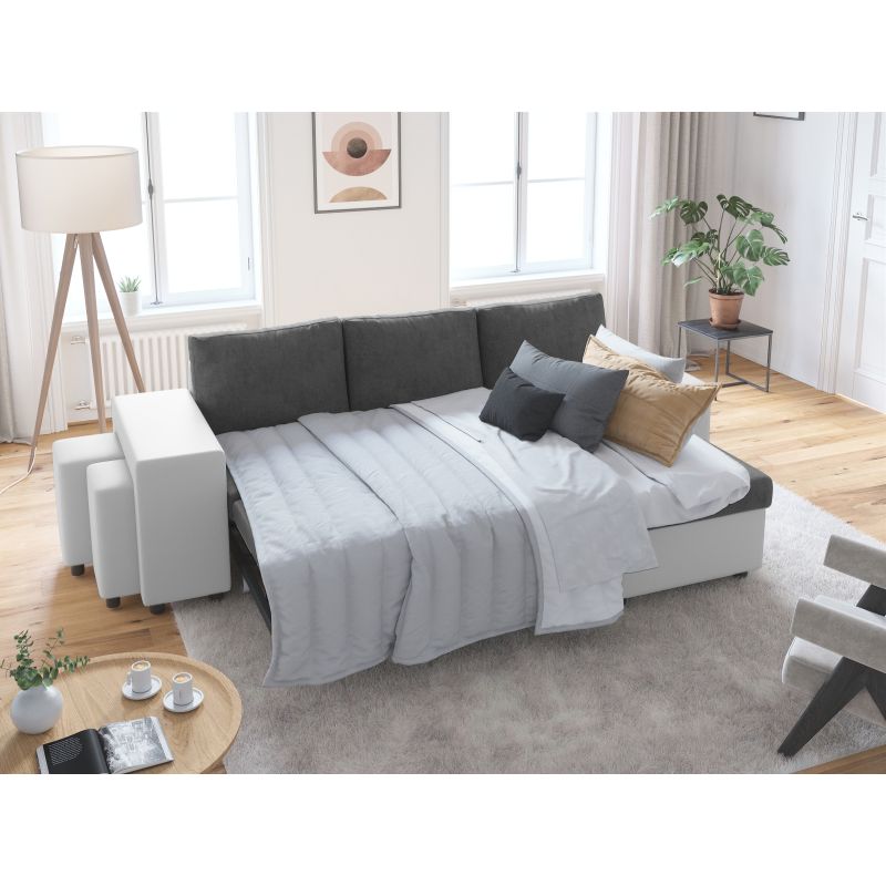 LUMIRA PLUS - Canapé d'angle réversible convertible avec coffre et 2 poufs en microfibre et simili - Gris/blanc - Niche à gauche