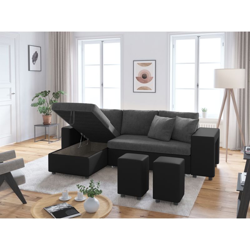 LUMIRA PLUS - Canapé d'angle réversible convertible avec coffre et 2 poufs en microfibre et simili - Gris/noir - Angle gauche (vue de face)