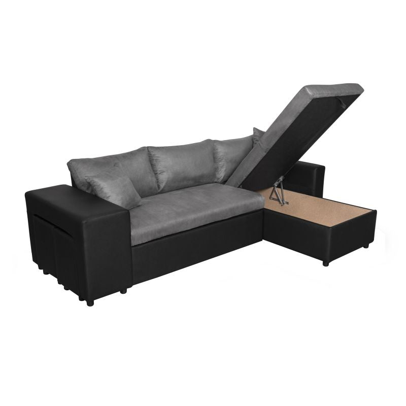 LUMIRA PLUS - Canapé d'angle réversible convertible avec coffre et 2 poufs en microfibre et simili - Gris/noir - Angle droit (vue de face)