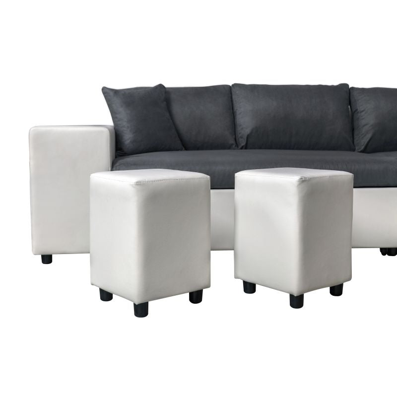 LUMIRA PLUS - Canapé d'angle réversible convertible avec coffre et 2 poufs en microfibre et simili - Gris/blanc - Niche à gauche