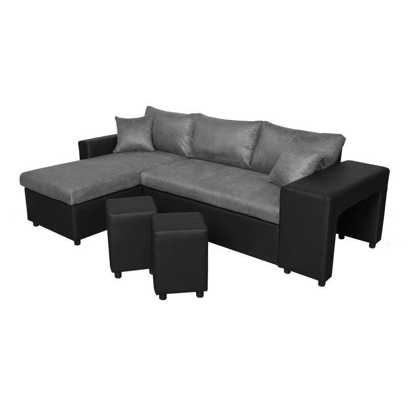 LUMIRA PLUS - Canapé d'angle réversible convertible avec coffre et 2 poufs en microfibre et simili - Gris/noir - Angle gauche (vue de face)