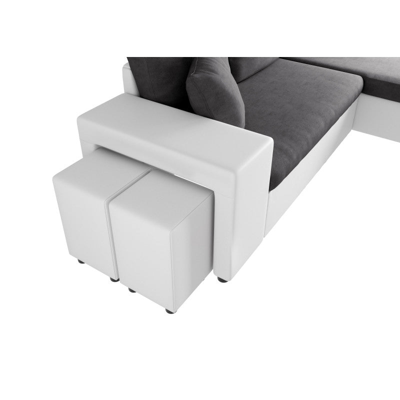 LUMIRA PLUS - Canapé d'angle réversible convertible avec coffre et 2 poufs en microfibre et simili - Gris/blanc - Niche à gauche