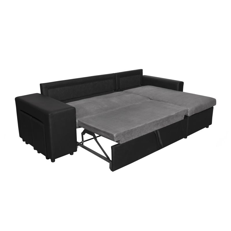 LUMIRA PLUS - Canapé d'angle réversible convertible avec coffre et 2 poufs en microfibre et simili - Gris/noir - Angle droit (vue de face)