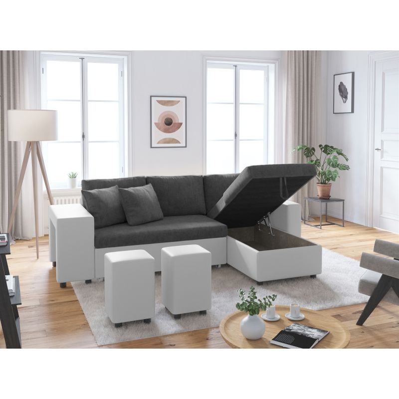 LUMIRA PLUS - Canapé d'angle réversible convertible avec coffre et 2 poufs en microfibre et simili - Gris/blanc - Niche à gauche