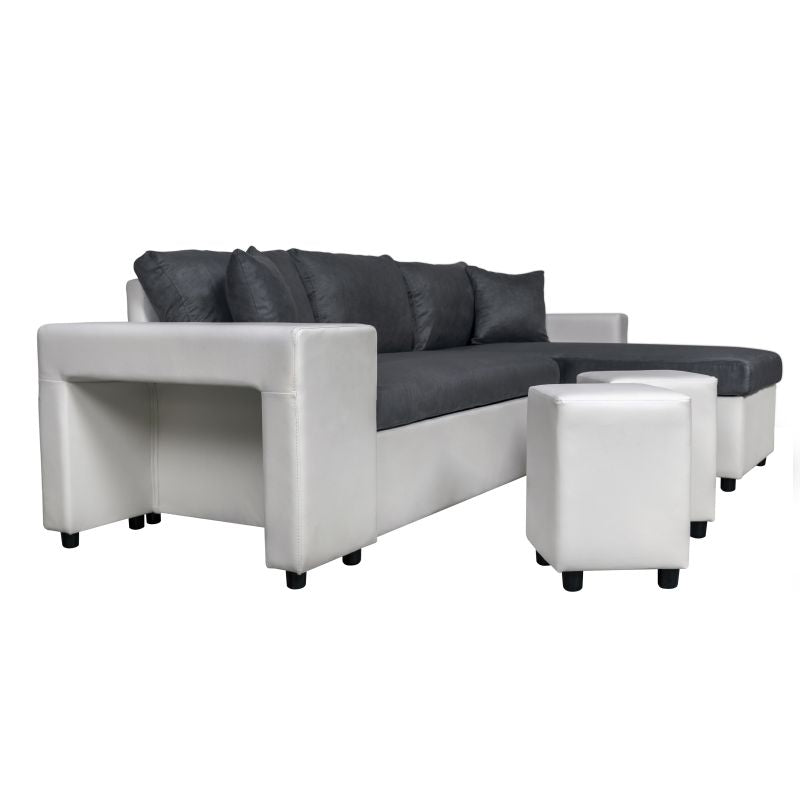 LUMIRA PLUS - Canapé d'angle réversible convertible avec coffre et 2 poufs en microfibre et simili - Gris/blanc - Niche à gauche