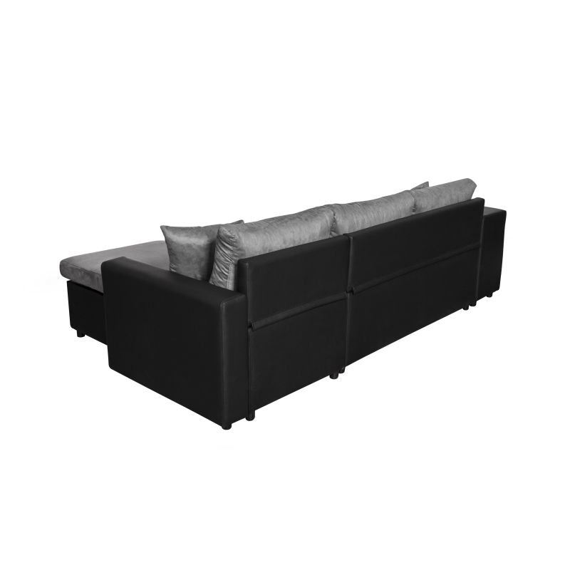 LUMIRA PLUS - Canapé d'angle réversible convertible avec coffre et 2 poufs en microfibre et simili - Gris/noir - Angle droit (vue de face)