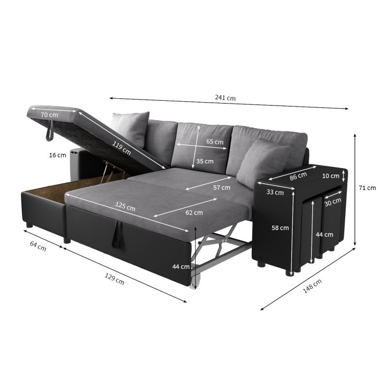 LUMIRA PLUS - Canapé d'angle réversible convertible avec coffre et 2 poufs en microfibre et simili - Gris/noir - Angle droit (vue de face)