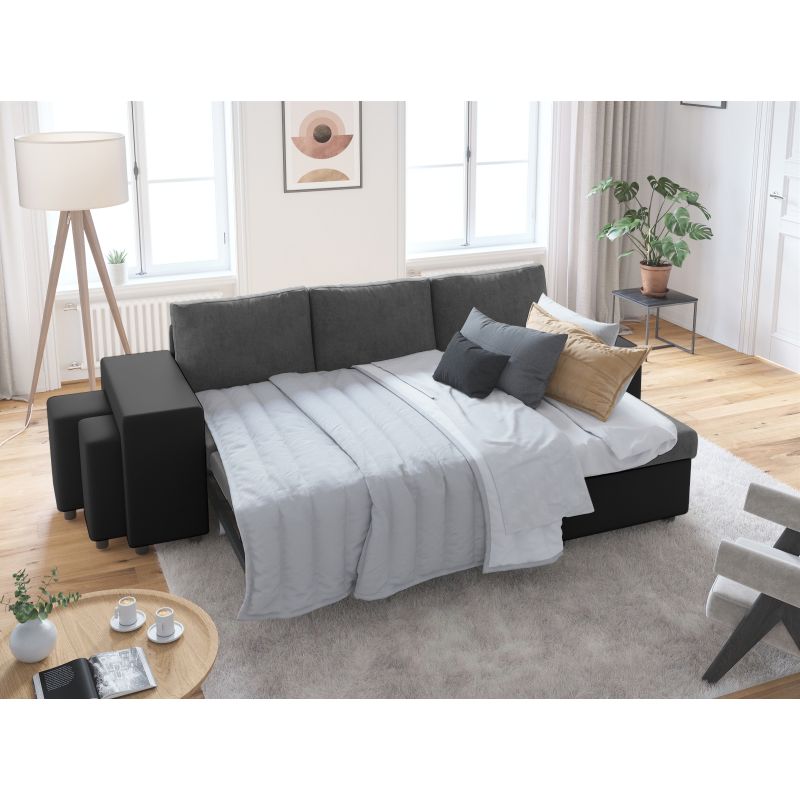 LUMIRA PLUS - Canapé d'angle réversible convertible avec coffre et 2 poufs en microfibre et simili - Gris/noir - Angle droit (vue de face)