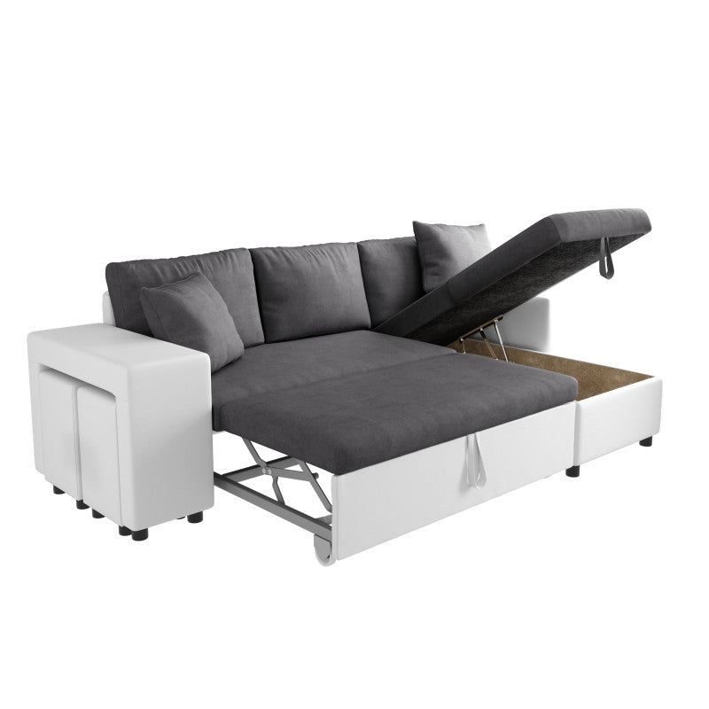 LUMIRA PLUS - Canapé d'angle réversible convertible avec coffre et 2 poufs en microfibre et simili - Gris/blanc - Niche à gauche