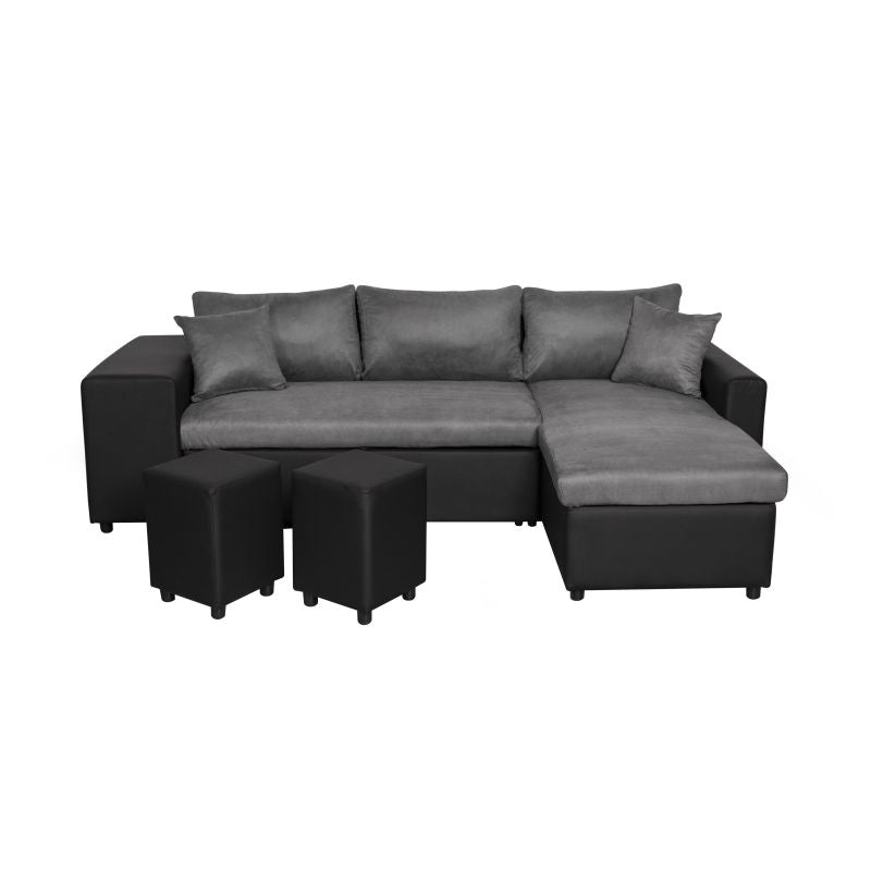 LUMIRA PLUS - Canapé d'angle réversible convertible avec coffre et 2 poufs en microfibre et simili - Gris/noir - Angle droit (vue de face)