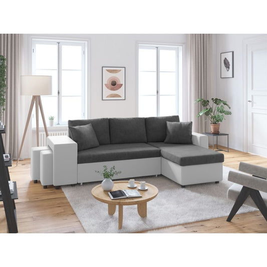 LUMIRA PLUS - Canapé d'angle réversible convertible avec coffre et 2 poufs en microfibre et simili - Gris/blanc - Niche à gauche