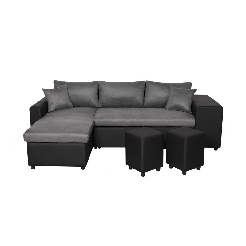 LUMIRA PLUS - Canapé d'angle réversible convertible avec coffre et 2 poufs en microfibre et simili - Gris/noir - Angle gauche (vue de face)