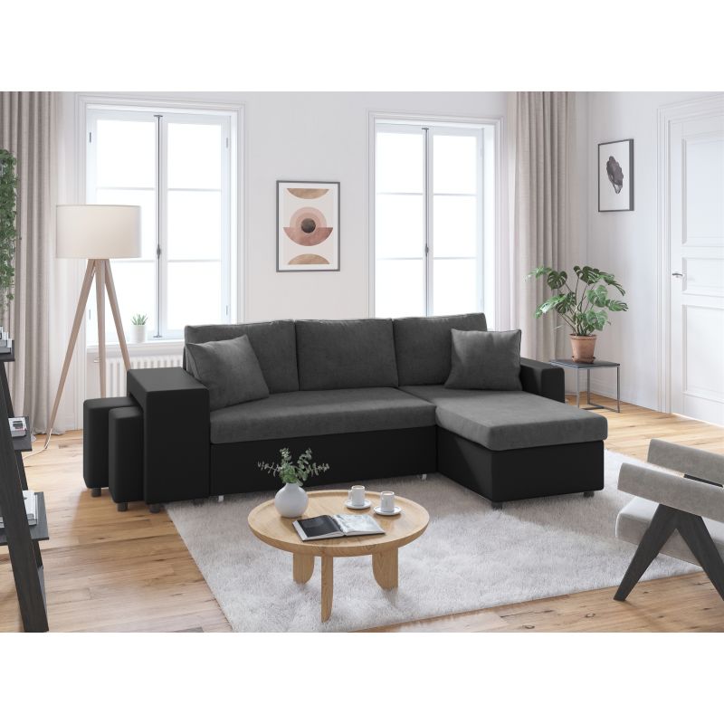 LUMIRA PLUS - Canapé d'angle réversible convertible avec coffre et 2 poufs en microfibre et simili - Gris/noir - Angle droit (vue de face)