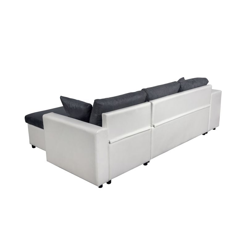 LUMIRA PLUS - Canapé d'angle réversible convertible avec coffre et 2 poufs en microfibre et simili - Gris/blanc - Niche à gauche