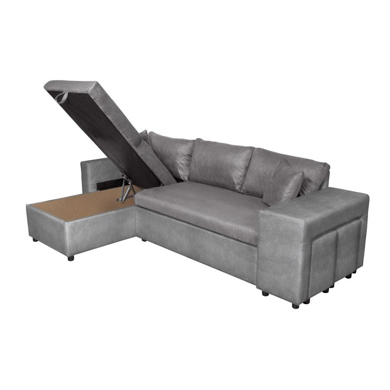 LUMIRA PLUS - Canapé d'angle réversible convertible avec coffre et 2 poufs en microfibre - Gris - Niche à droite