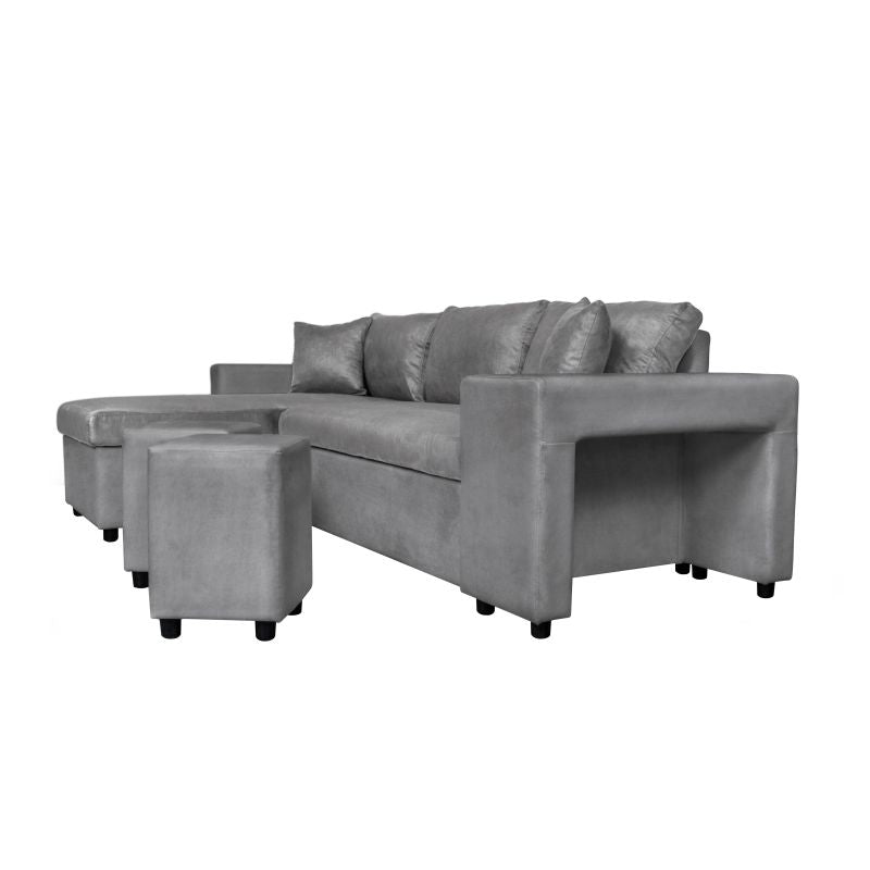 LUMIRA PLUS - Canapé d'angle réversible convertible avec coffre et 2 poufs en microfibre - Gris - Niche à droite