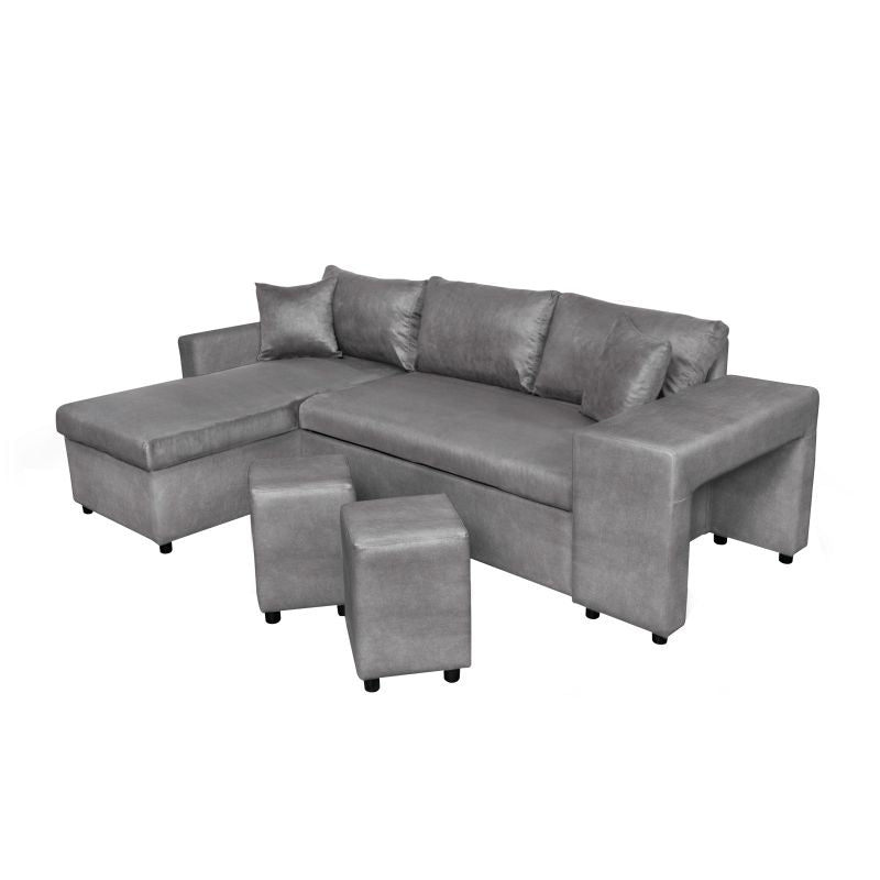 LUMIRA PLUS - Canapé d'angle réversible convertible avec coffre et 2 poufs en microfibre - Gris - Niche à droite