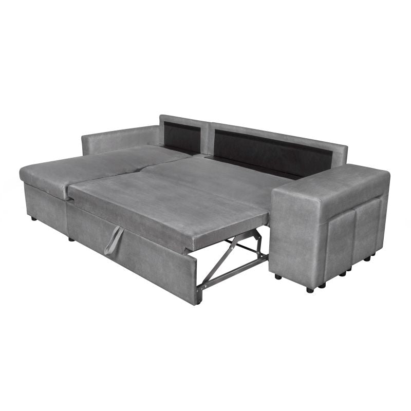 LUMIRA PLUS - Canapé d'angle réversible convertible avec coffre et 2 poufs en microfibre - Gris - Niche à droite