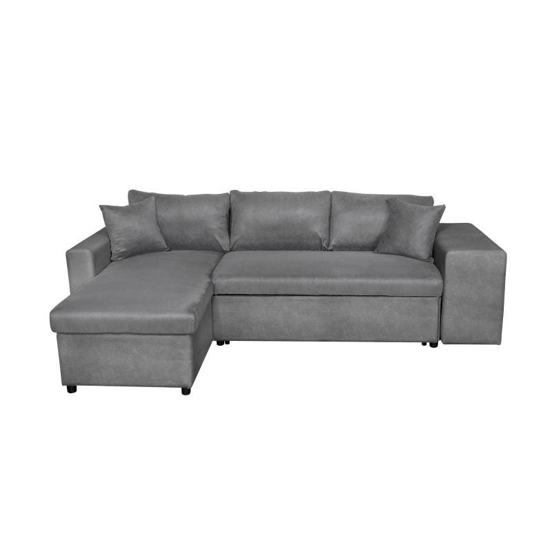 LUMIRA PLUS - Canapé d'angle réversible convertible avec coffre et 2 poufs en microfibre - Gris - Niche à droite