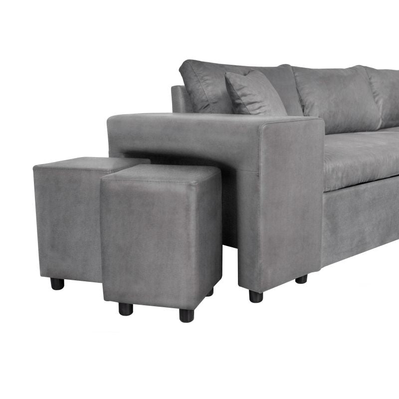 LUMIRA PLUS - Canapé d'angle réversible convertible avec coffre et 2 poufs en microfibre - Gris - Niche à gauche