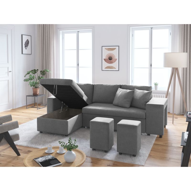 LUMIRA PLUS - Canapé d'angle réversible convertible avec coffre et 2 poufs en microfibre - Gris - Niche à droite