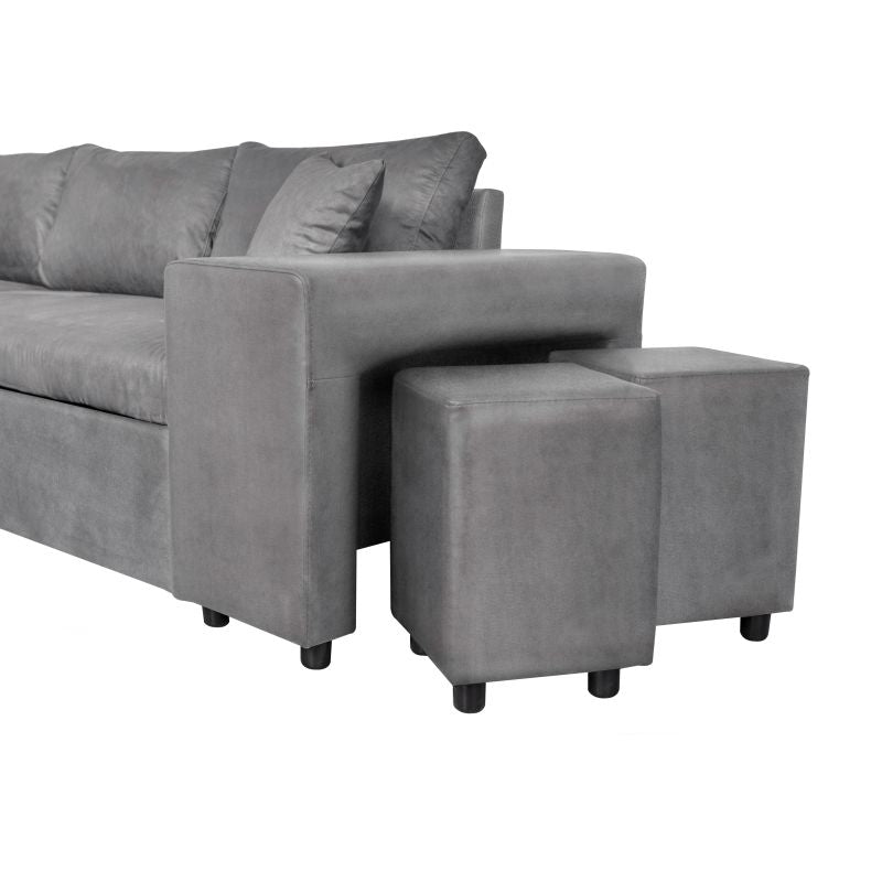 LUMIRA PLUS - Canapé d'angle réversible convertible avec coffre et 2 poufs en microfibre - Gris - Niche à droite