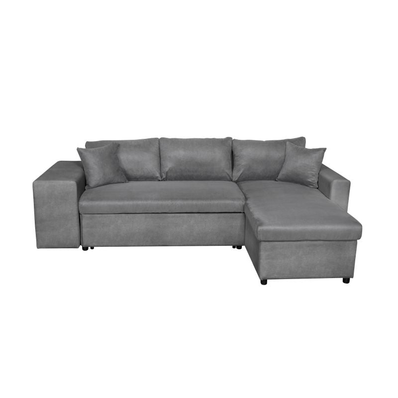 LUMIRA PLUS - Canapé d'angle réversible convertible avec coffre et 2 poufs en microfibre - Gris - Niche à gauche