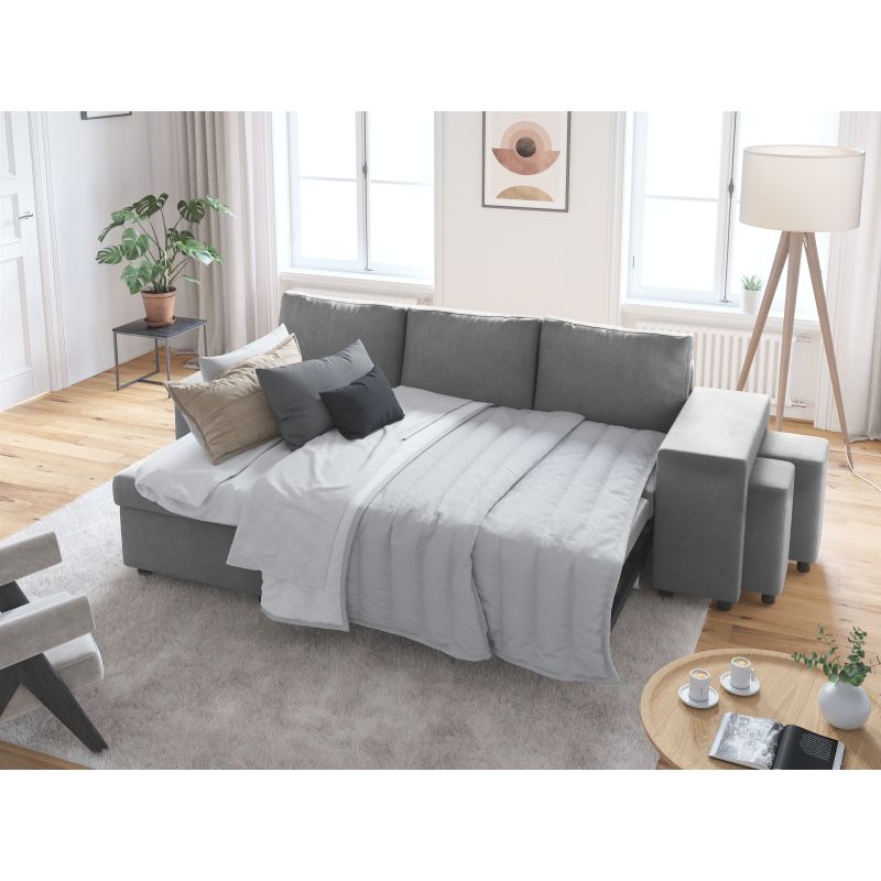 LUMIRA PLUS - Canapé d'angle réversible convertible avec coffre et 2 poufs en microfibre - Gris - Niche à droite