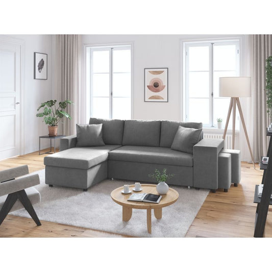 LUMIRA PLUS - Canapé d'angle réversible convertible avec coffre et 2 poufs en microfibre - Gris - Niche à droite