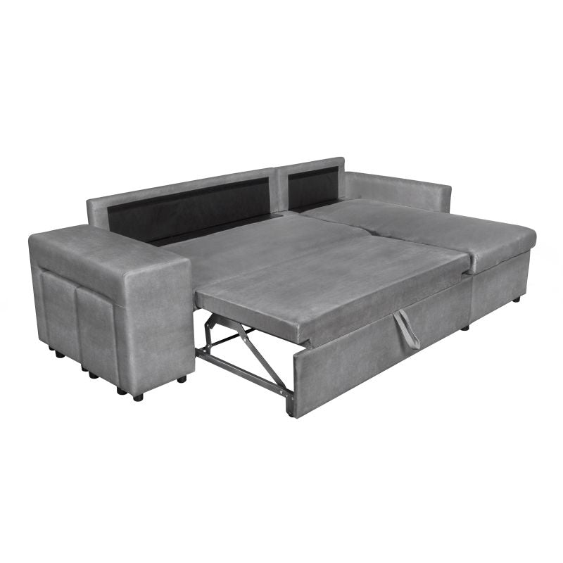 LUMIRA PLUS - Canapé d'angle réversible convertible avec coffre et 2 poufs en microfibre - Gris - Niche à gauche