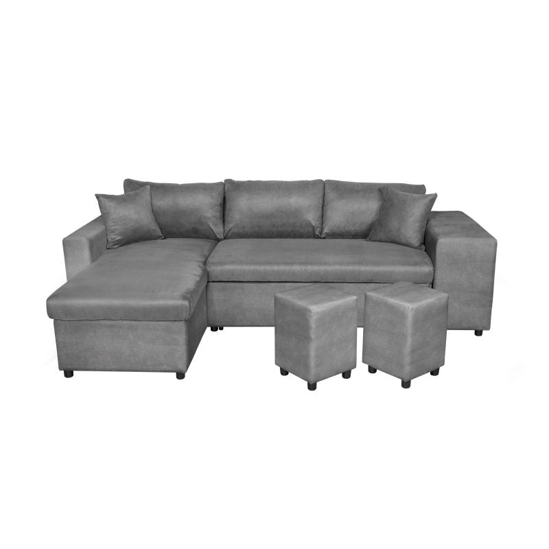 LUMIRA PLUS - Canapé d'angle réversible convertible avec coffre et 2 poufs en microfibre - Gris - Niche à droite