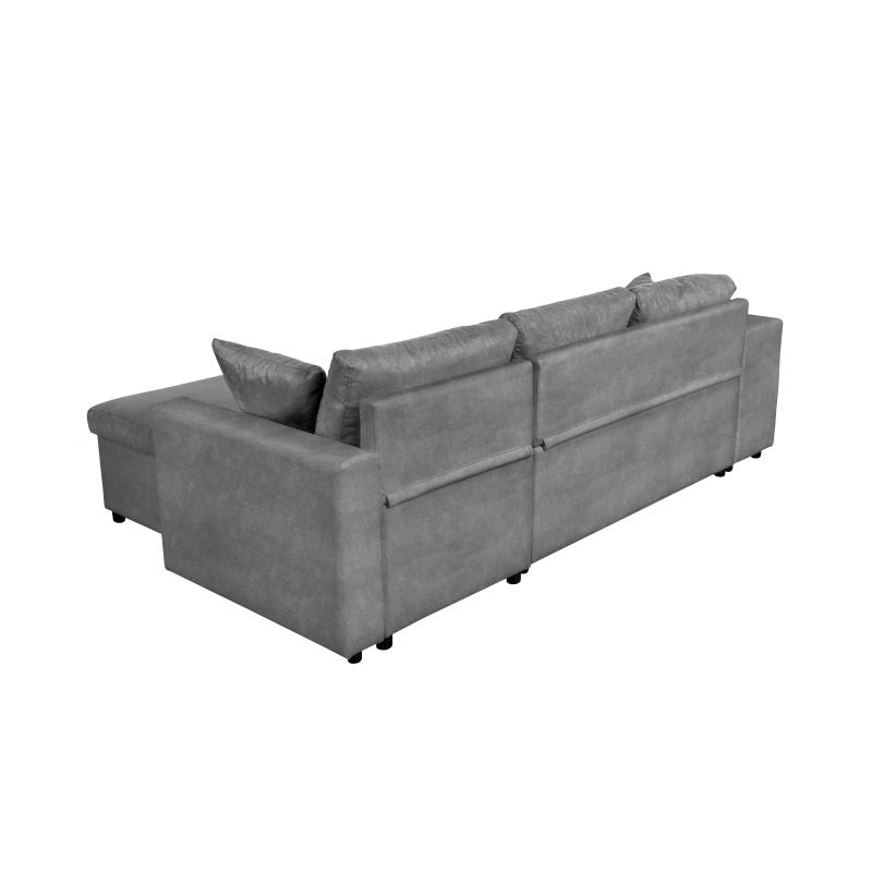 LUMIRA PLUS - Canapé d'angle réversible convertible avec coffre et 2 poufs en microfibre - Gris - Niche à gauche