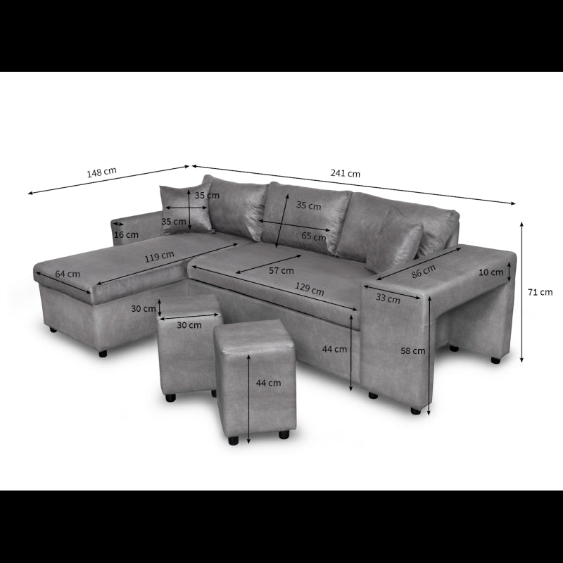 LUMIRA PLUS - Canapé d'angle réversible convertible avec coffre et 2 poufs en microfibre - Gris - Niche à droite