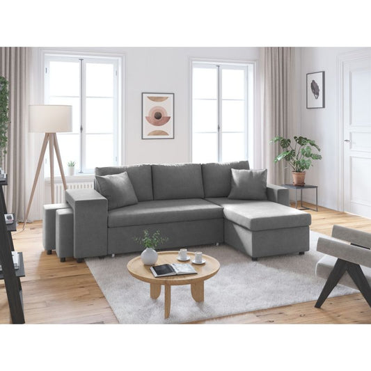 LUMIRA PLUS - Canapé d'angle réversible convertible avec coffre et 2 poufs en microfibre - Gris - Niche à gauche