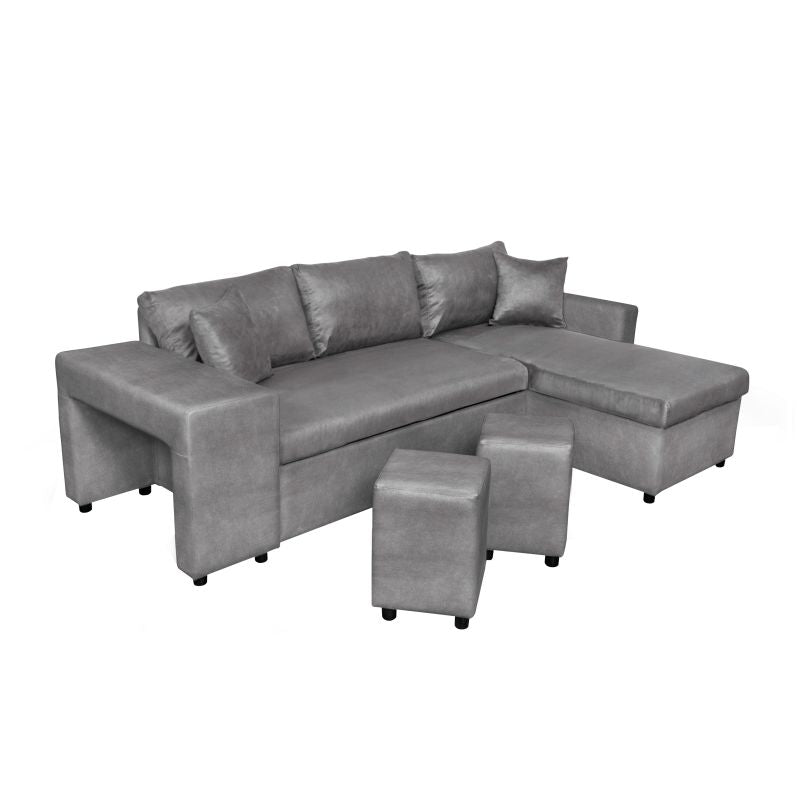 LUMIRA PLUS - Canapé d'angle réversible convertible avec coffre et 2 poufs en microfibre - Gris - Niche à gauche