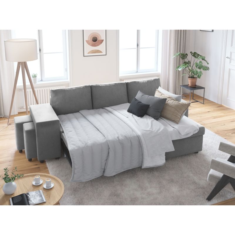 LUMIRA PLUS - Canapé d'angle réversible convertible avec coffre et 2 poufs en microfibre - Gris - Niche à gauche