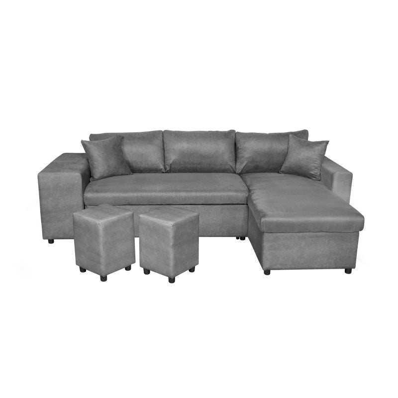 LUMIRA PLUS - Canapé d'angle réversible convertible avec coffre et 2 poufs en microfibre - Gris - Niche à gauche