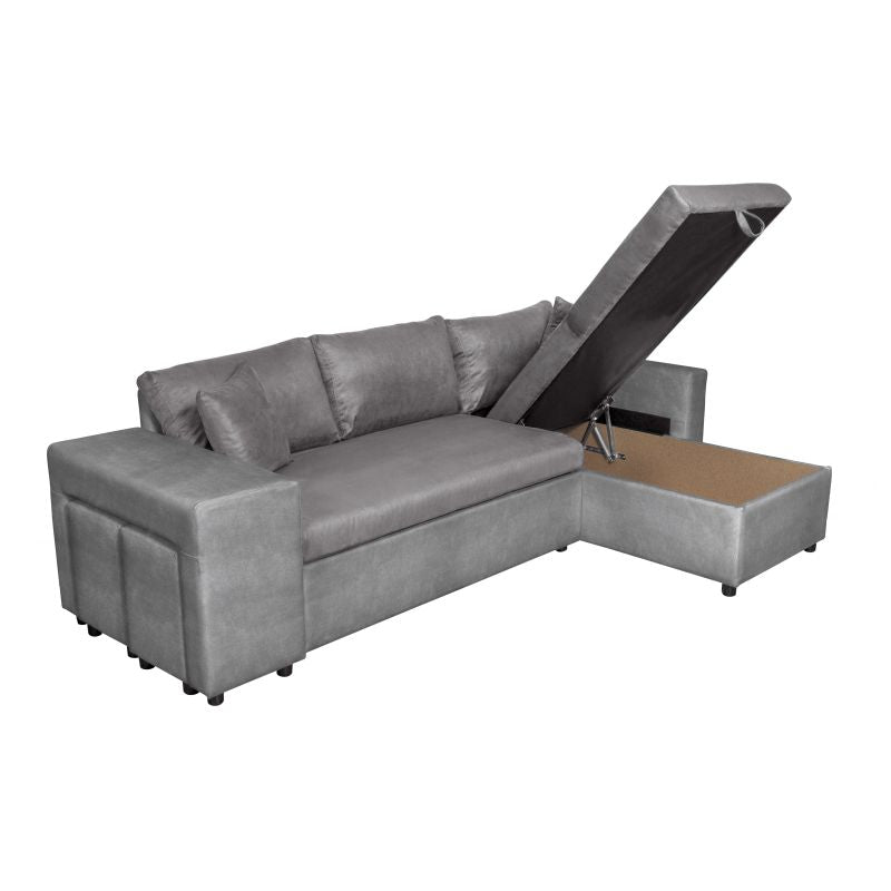 LUMIRA PLUS - Canapé d'angle réversible convertible avec coffre et 2 poufs en microfibre - Gris - Niche à gauche