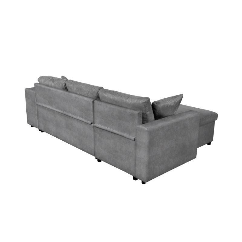 LUMIRA PLUS - Canapé d'angle réversible convertible avec coffre et 2 poufs en microfibre - Gris - Niche à droite