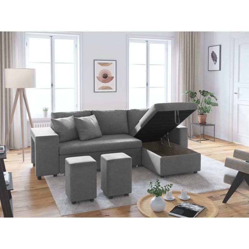 LUMIRA PLUS - Canapé d'angle réversible convertible avec coffre et 2 poufs en microfibre - Gris - Niche à gauche