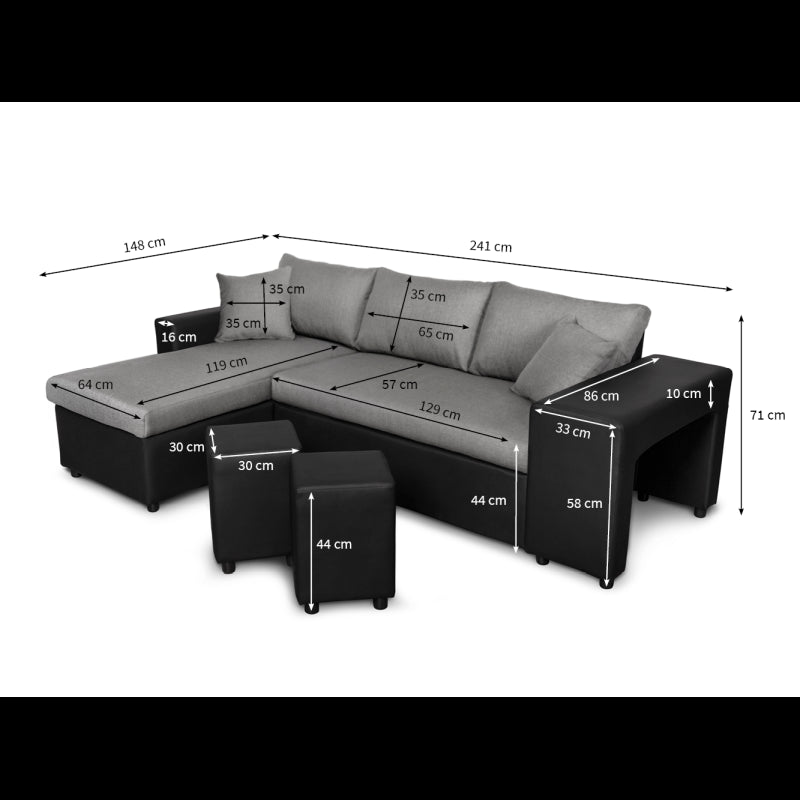 LUMIRA PLUS - Canapé d'angle réversible convertible avec coffre et 2 poufs en tissu et simili - Gris/noir - Angle droit (vue de face)