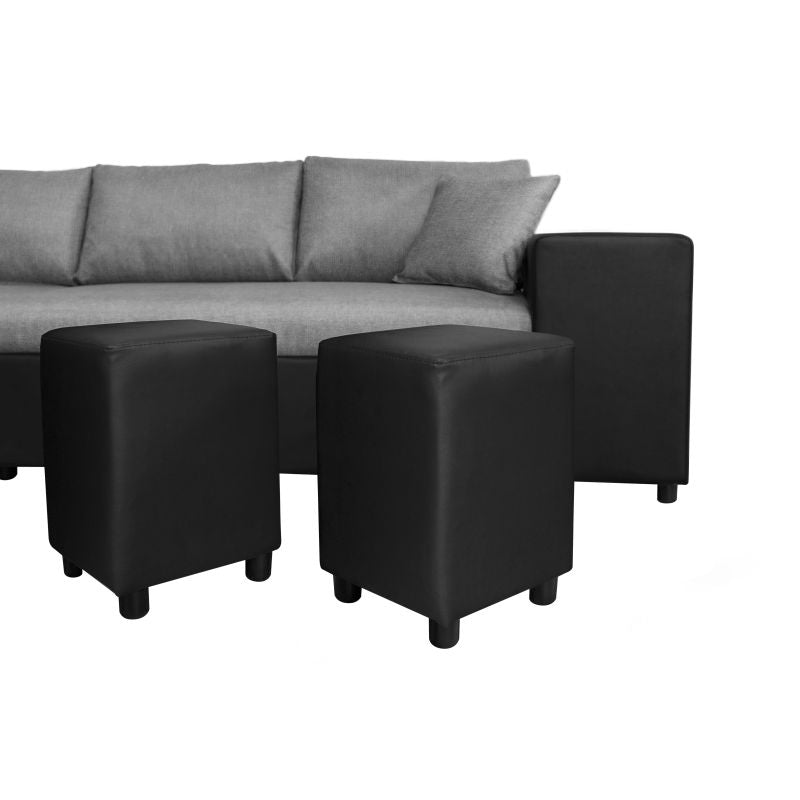 LUMIRA PLUS - Canapé d'angle réversible convertible avec coffre et 2 poufs en tissu et simili - Gris/noir - Angle gauche (vue de face)