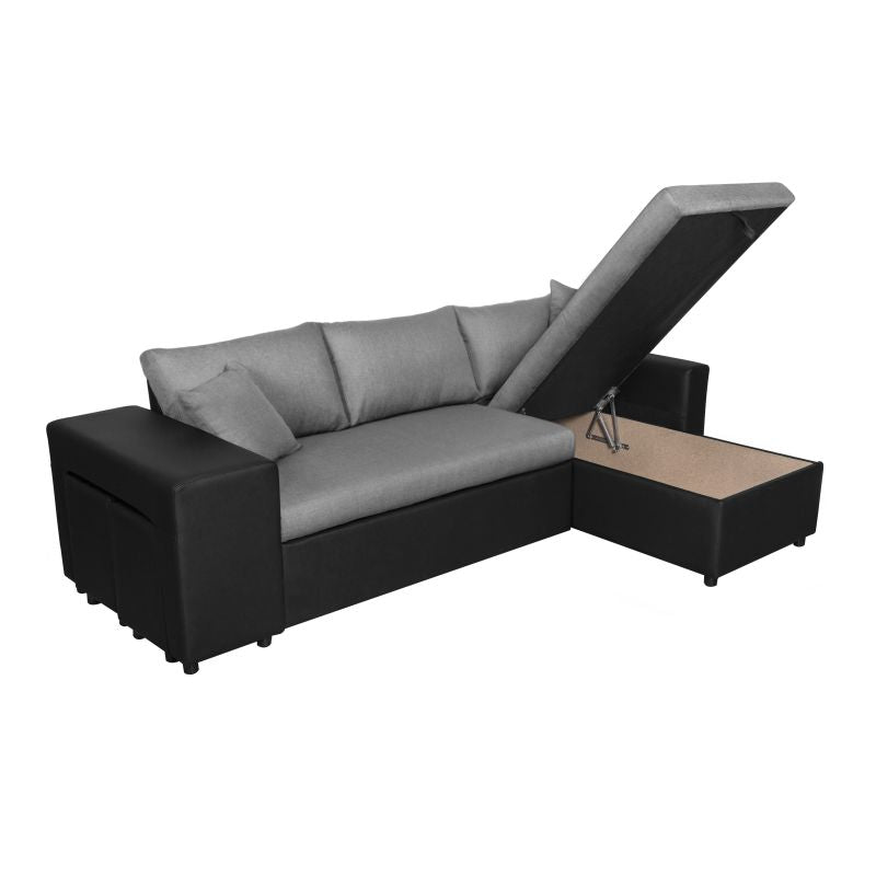 LUMIRA PLUS - Canapé d'angle réversible convertible avec coffre et 2 poufs en tissu et simili - Gris/noir - Angle droit (vue de face)