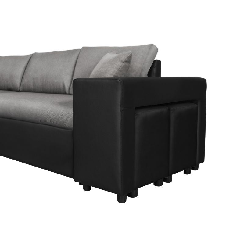 LUMIRA PLUS - Canapé d'angle réversible convertible avec coffre et 2 poufs en tissu et simili - Gris/noir - Angle gauche (vue de face)