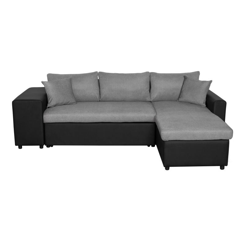 LUMIRA PLUS - Canapé d'angle réversible convertible avec coffre et 2 poufs en tissu et simili - Gris/noir - Angle droit (vue de face)